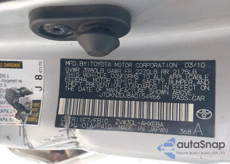 2010 Toyota Prius Ii z USA, uszkodzony, nr VIN JTDKN3DU8A0154966